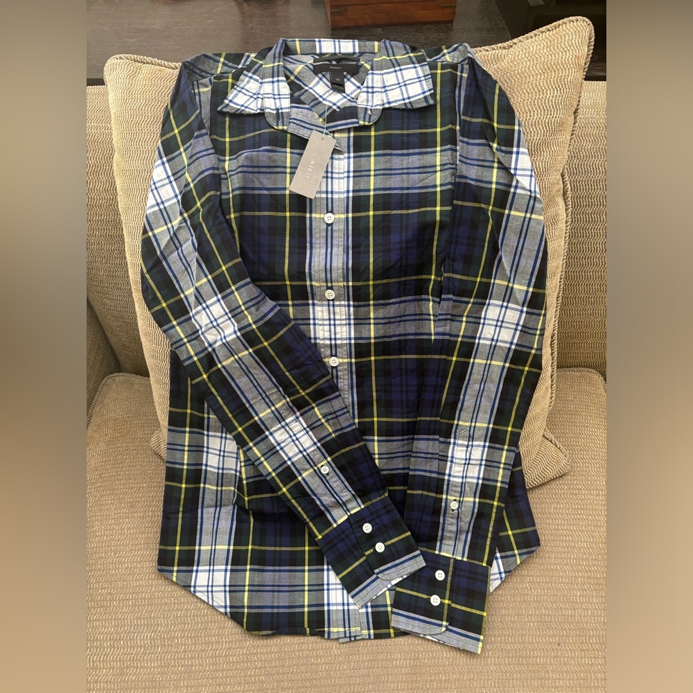 NWT J Crew PERFECT Shirt in Blue Yellow and White Check Cotton Size US 00 UK 2
